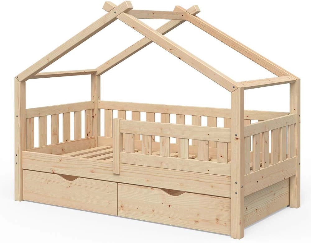 Letto montessori bambini Design, Legno naturale, 90x200 cm con letto per ospiti e 2 materassi, con sponda anticaduta e rete a doghe per un sonno sicuro
