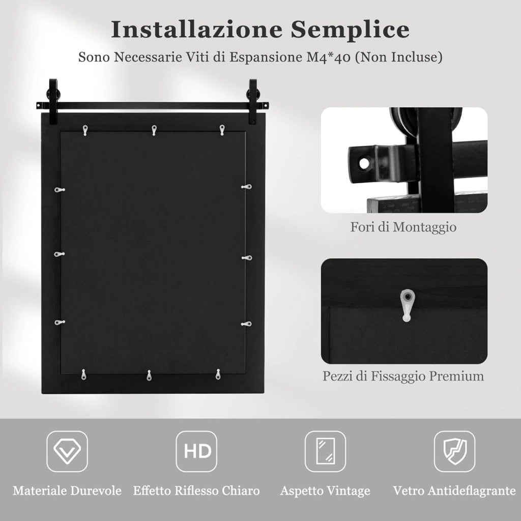 Specchio da Parete 76,5 x 56 cm, Specchio Rettangolare con Cornice in Legno e Staffa in Metallo, Specchio da Bagno Corridoio Soggiorno, Bianco (Nero)