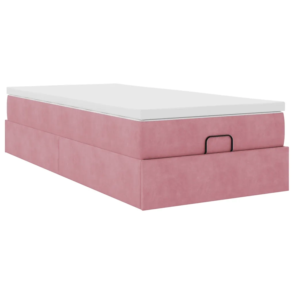 Struttura Letto Pouf con Materasso Rosa 90x200 cm in Velluto