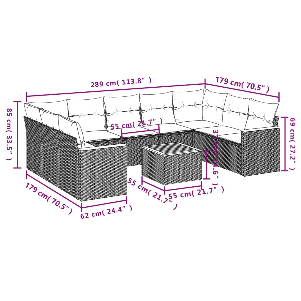 Set Divani da Giardino 10pz con Cuscini in Polyrattan Nero 3226279