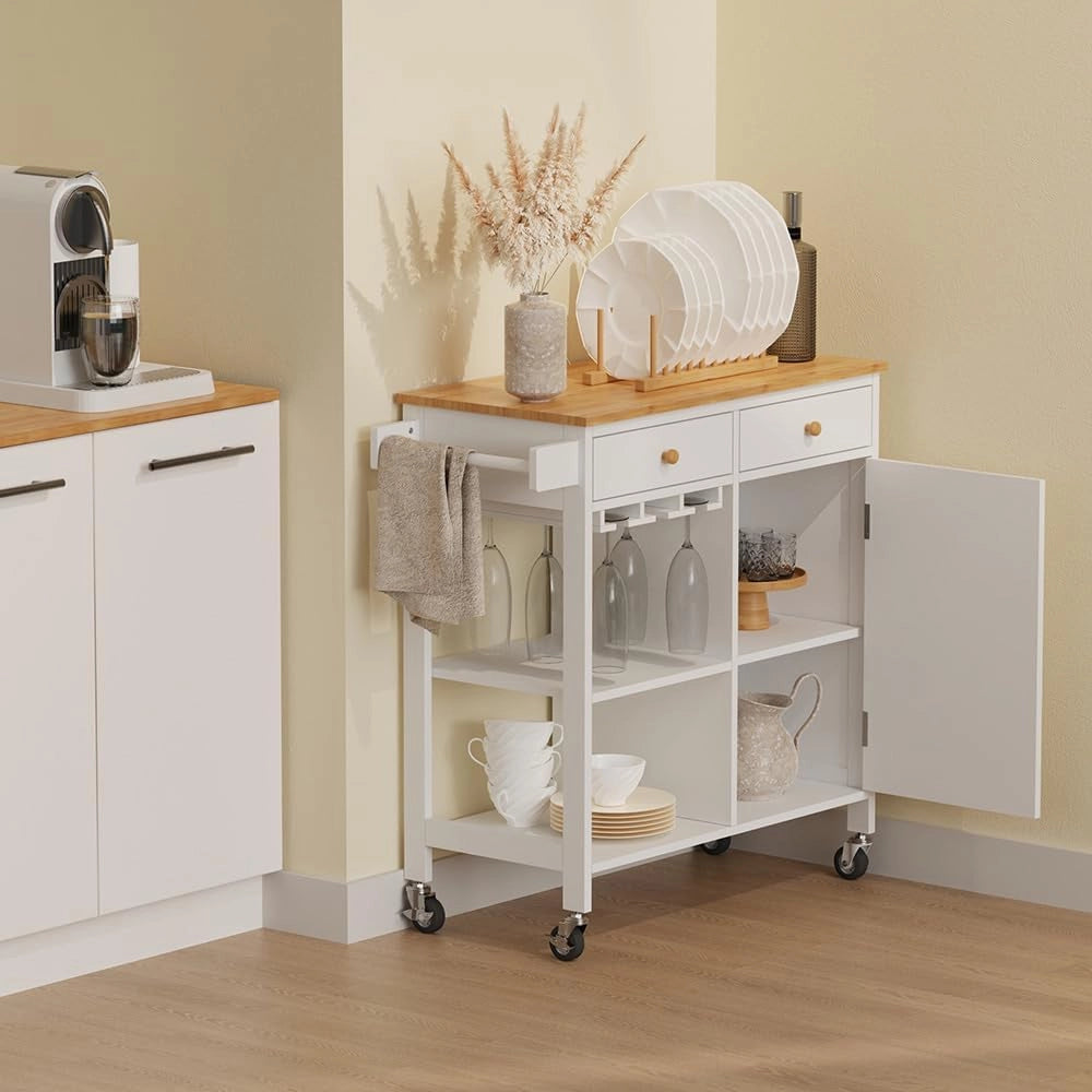 Carrello da cucina Trayz, Bianco, 89 x 87 cm con rotelle, con ripiano per bottiglie e portabicchieri per un utilizzo flessibile