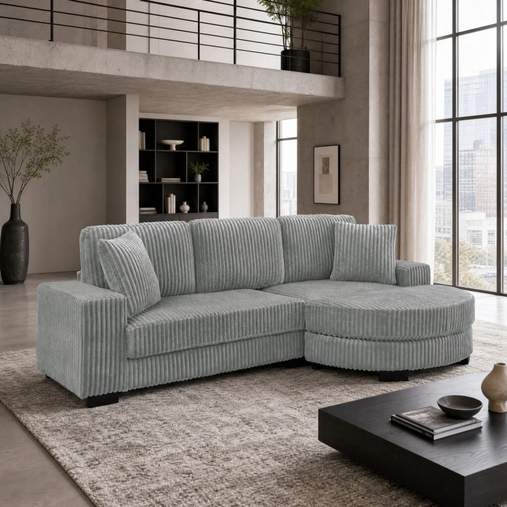 Divano angolare modulare a L con pouf ovale e 2 cuscini in corduroy, seduta confortevole grigio 256.5 × 133.5 × 89 cm