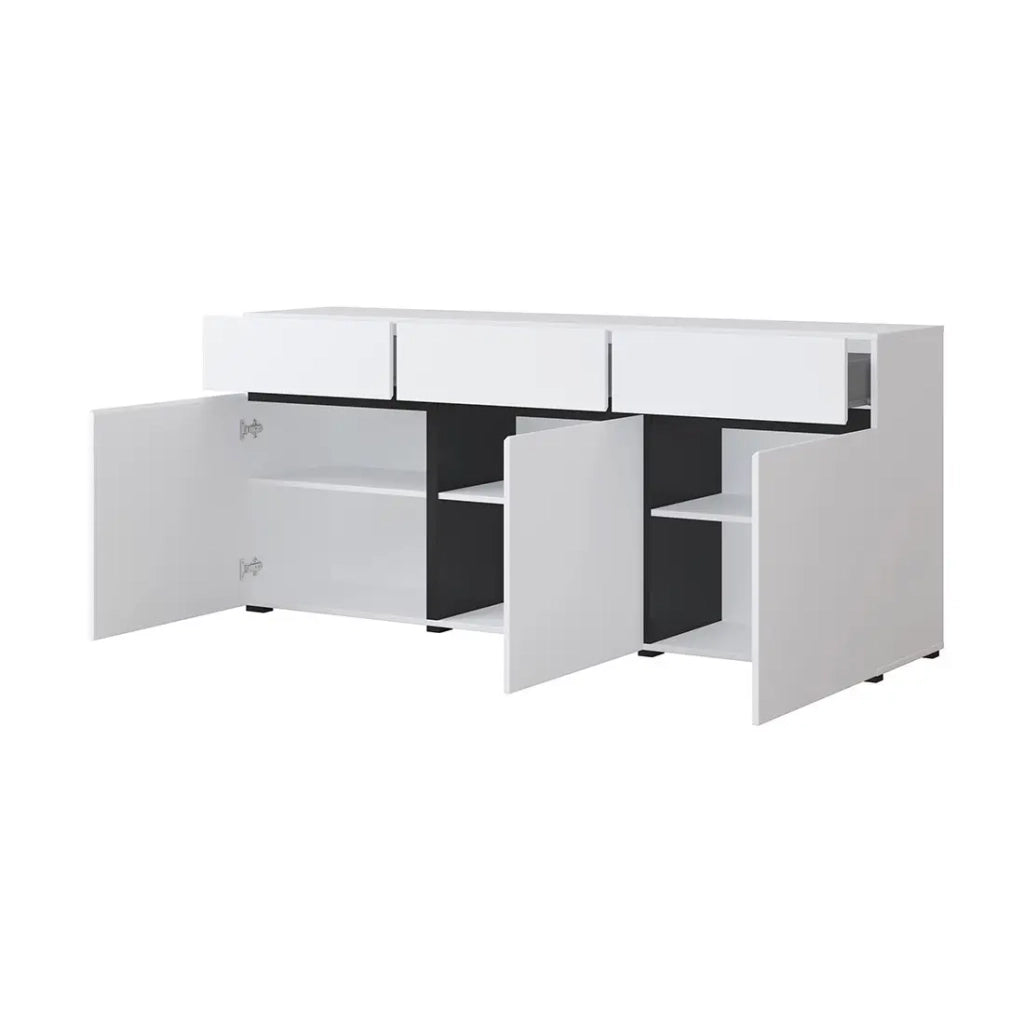 Buffet colori bianco e nero 180cm collezione HAVANA. Credenza di design con 3 porte e 3 cassetti.