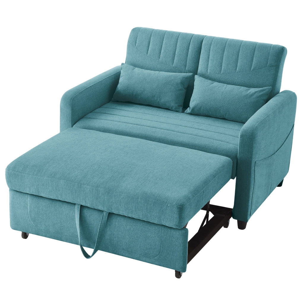 OKWISH Divano Letto 2 Posti, Design Estraibile con Schienale Regolabile a 3 Posizioni e 2 Cuscini, Tessuto Cotone Lino, Blu Verde Anticato