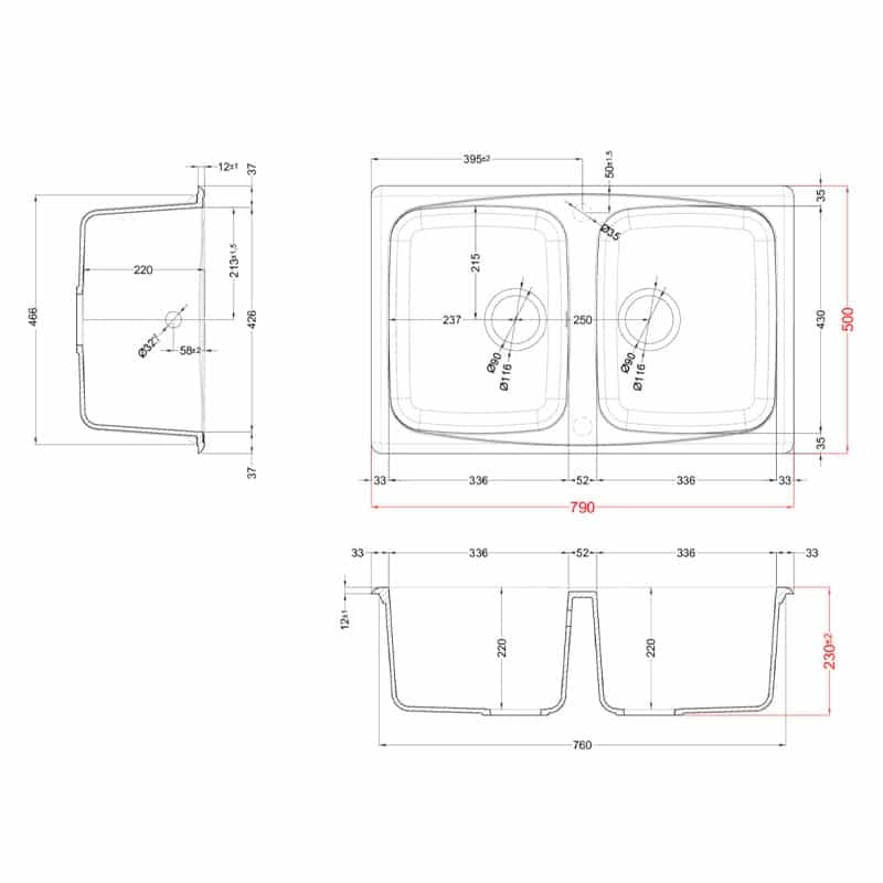 Lavello Elleci Incasso 2 vasche 79x50 Master 350 Granitek Antracite LGM35059