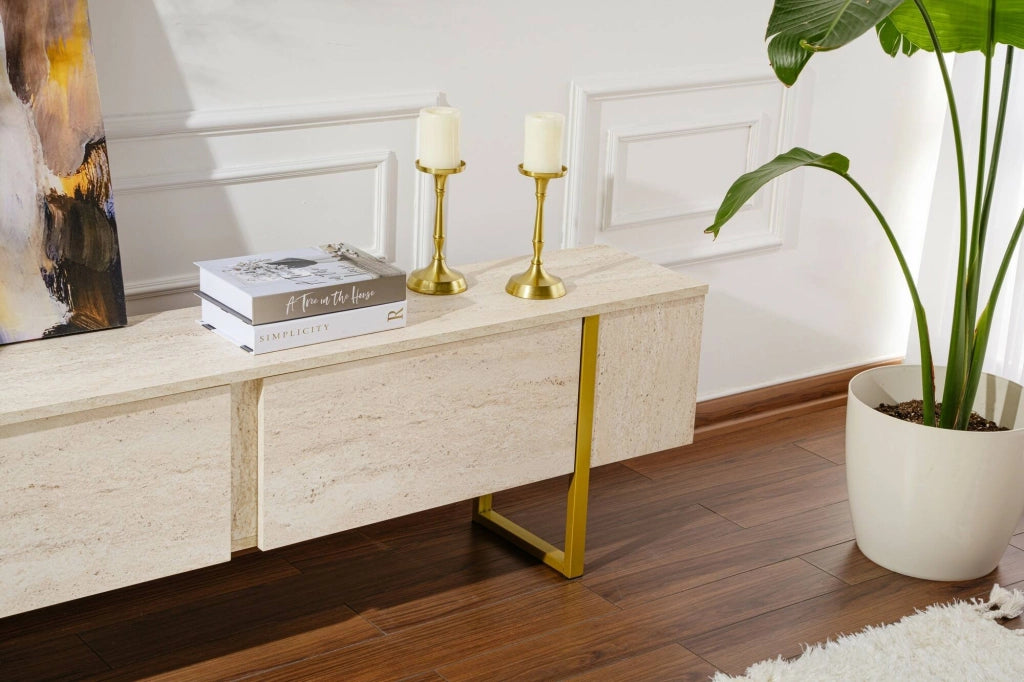 Mobile porta TV Lilith, Credenza da soggiorno, Armadio basso per TV, Base parete attrezzata, 180x30 h50 cm, Beige e Oro