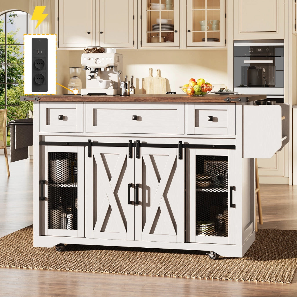 Carrello isola cucina mobile con piano estraibile e presa elettrica, bianco, 75 kg