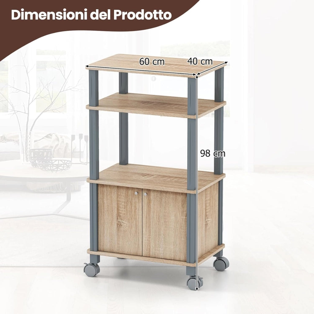Scaffale da Cucina per Microonde Carrello da Cucina, con Ruote e 2 Ante, Multifunzionale e Movimento Flessibile, 60x40x98 cm (Naturale)