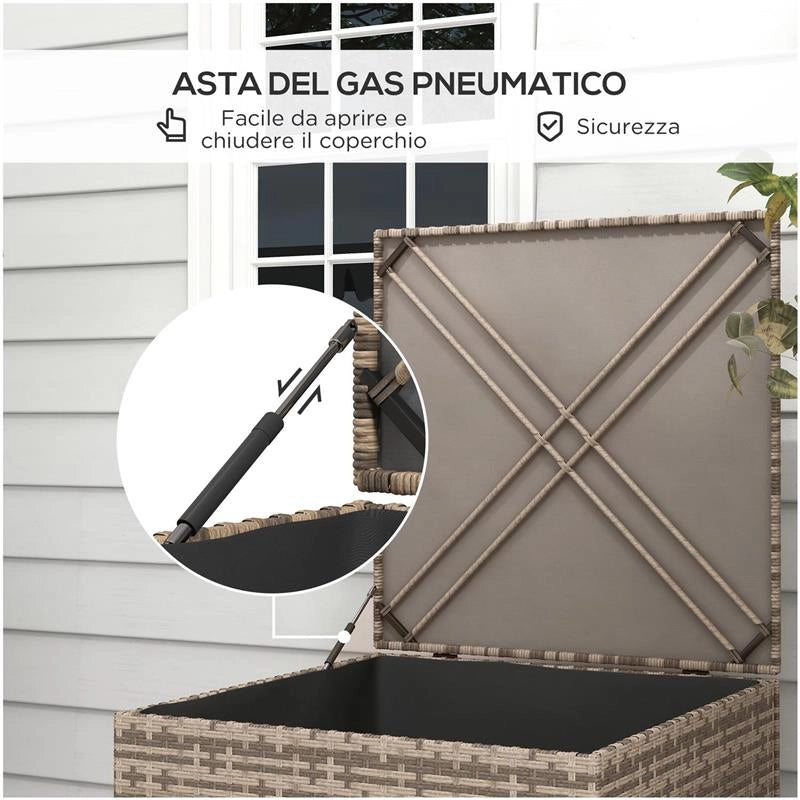 BAULE DA ESTERNO IN RATTAN PE E ACCIAIO CON FODERA INTERNA, 75X75X70 CM, NERO E COLOR SABBIA
