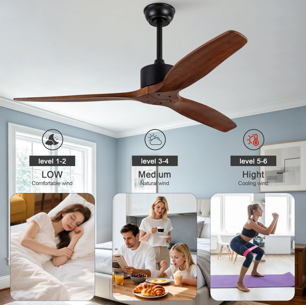 Ventilatore da soffitto a 3 pale in legno massello; con telecomando; senza luce; colore noce