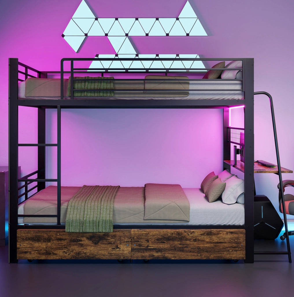 Letto a soppalco 90x200 cm con scrivania; LED e cassetti contenitore in metallo e MDF; nero