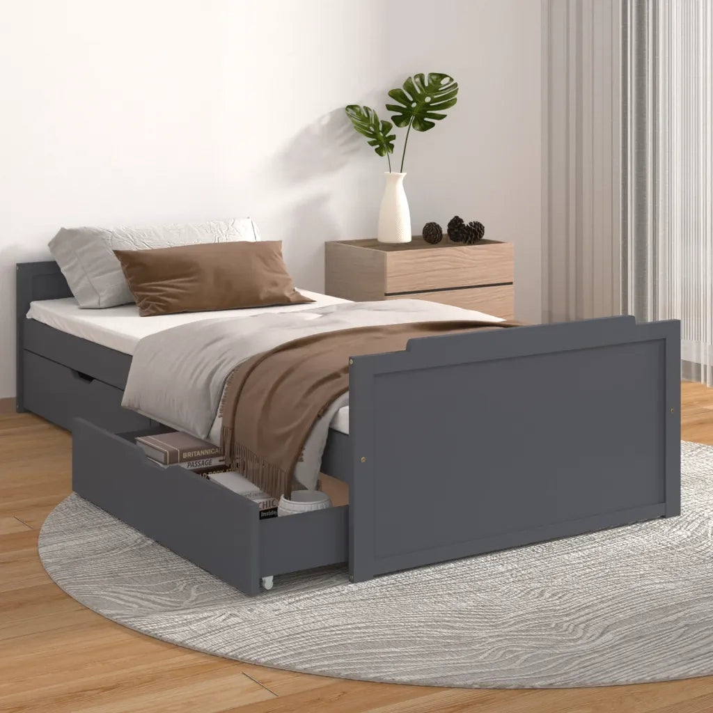 Letto da camera | Giroletto Cassetti Grigio Scuro Legno Massello di Pino 90x200cm