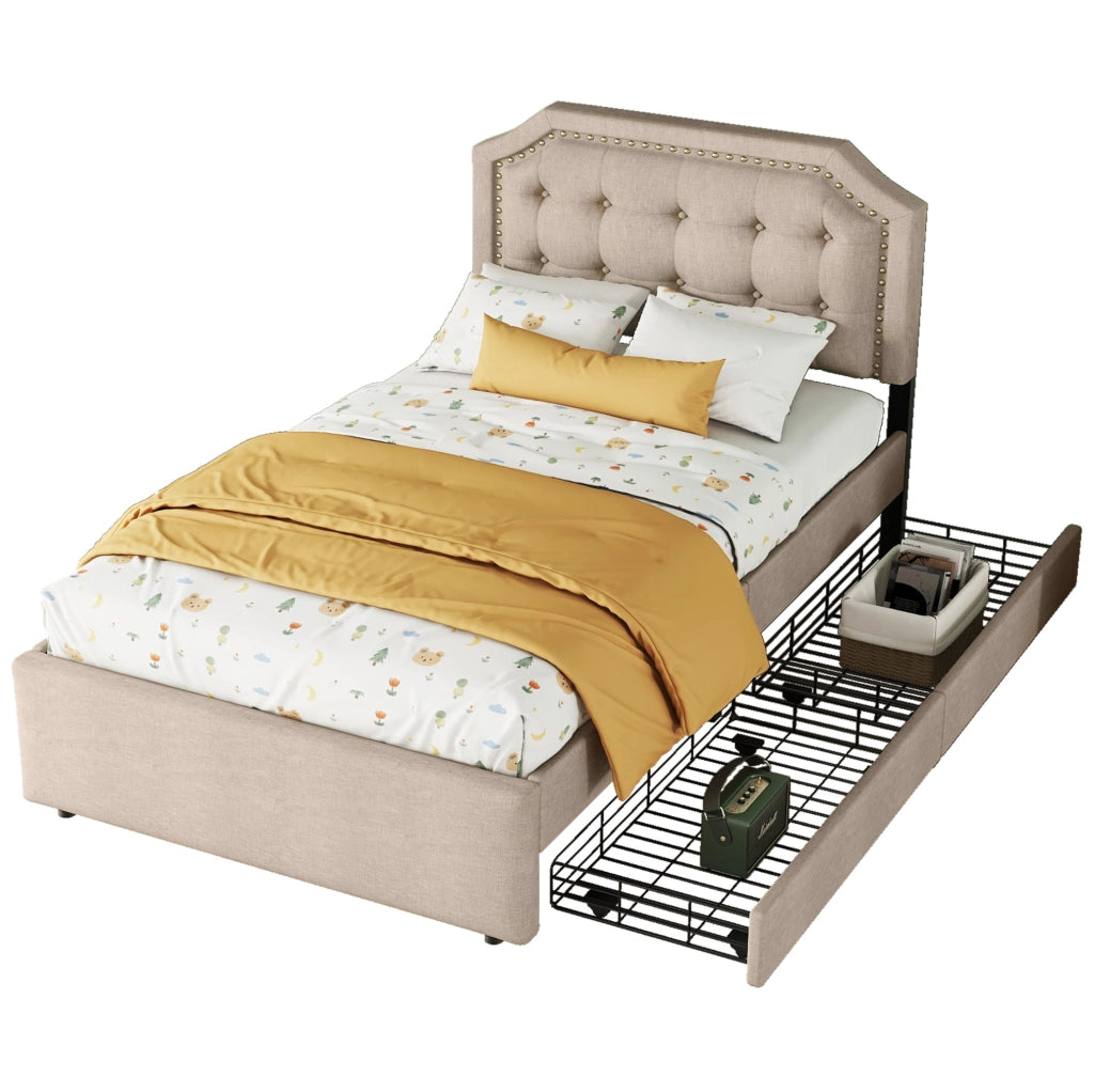 Letto imbottito 90x200 cm con cassetti; testiera regolabile; MDF; beige