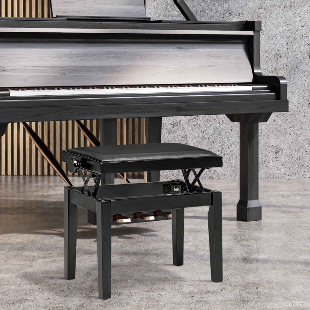 Sgabello da pianoforte, regolabile in altezza, lucido, similpelle, legno ¨C zephmum ¨C nero, 63x33x56cm