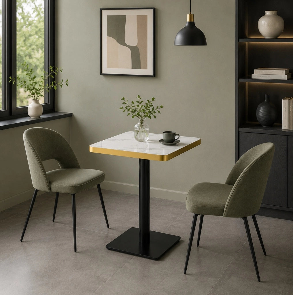 Tavolo quadrato 60x60 cm effetto marmo con bordo dorato; struttura in metallo bianco