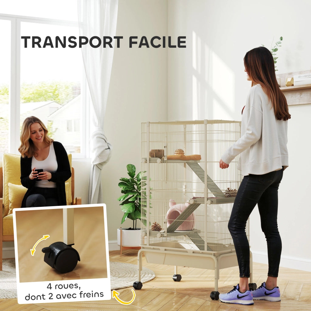 Gabbia per conigli a 4 livelli con 2 porte 3 rampe vassoio ruote ¨C Xylo ¨C 69x44x120 cm beige