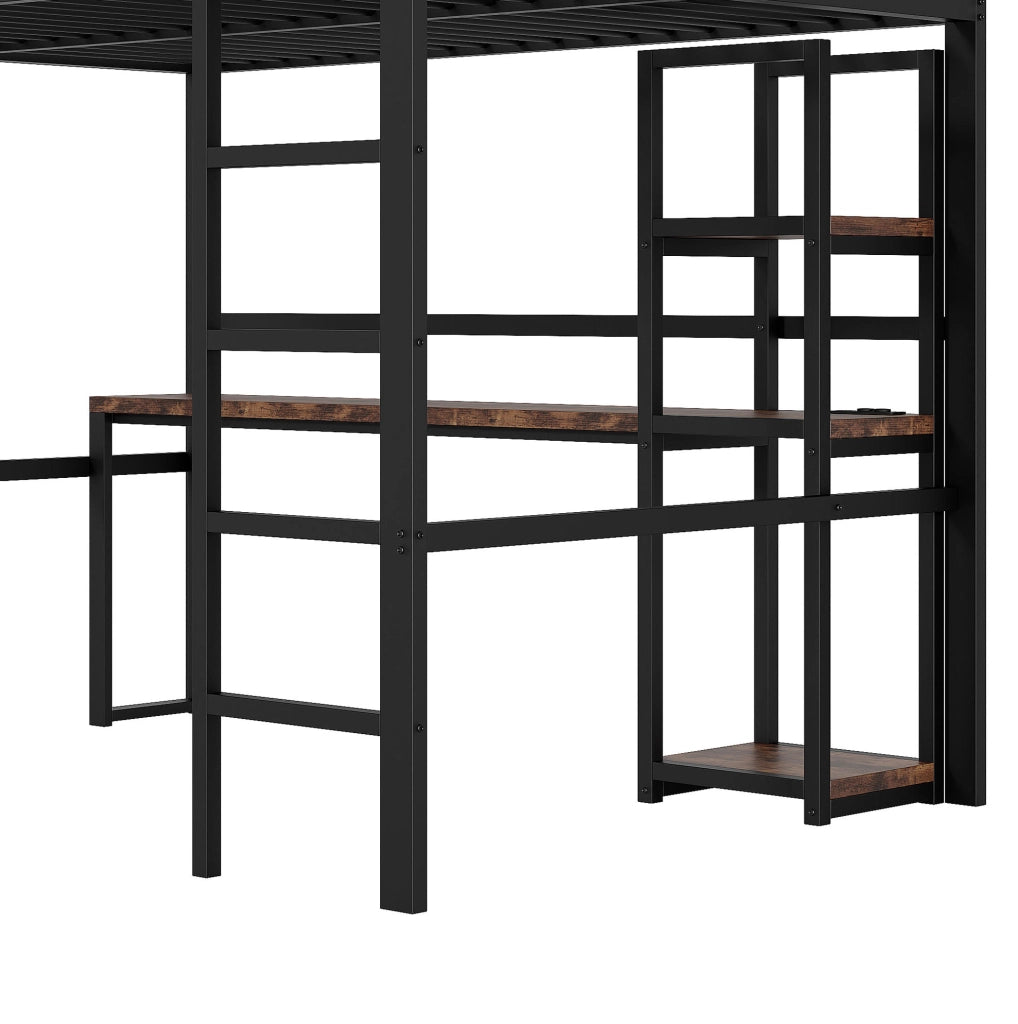 Letto a soppalco 140x200 cm con scrivania e ripiani; metallo; nero (Senza materasso)