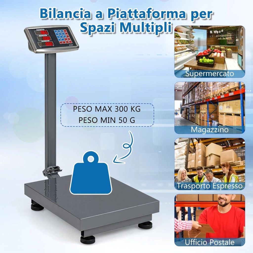 Bilancia Digitale a Piattaforma 300 kg, Bilancia a Pavimento con Calcolatrice Integrata, Conversione Unità LB/KG, per Negozio Azienda Fabbrica (Argento)