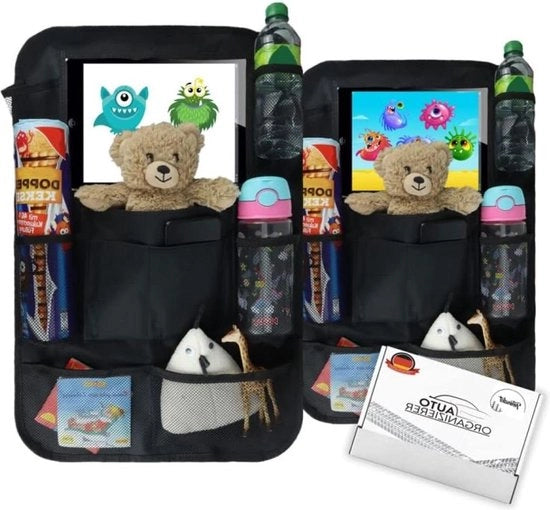 Organizzatore di auto di protezione del bordo del tappeto - 2 pezzi con sacchetti a rete - protezione per tablet e smartphone - contenitore per snack - contenitore per giocattoli per bambini - nero