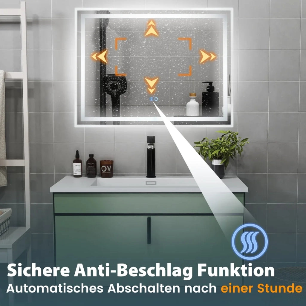 Specchio da Bagno LED 80x60cm Rettangolare da Parete con Luce Dimmerabile 3 Colori e Antiappannamento Touch