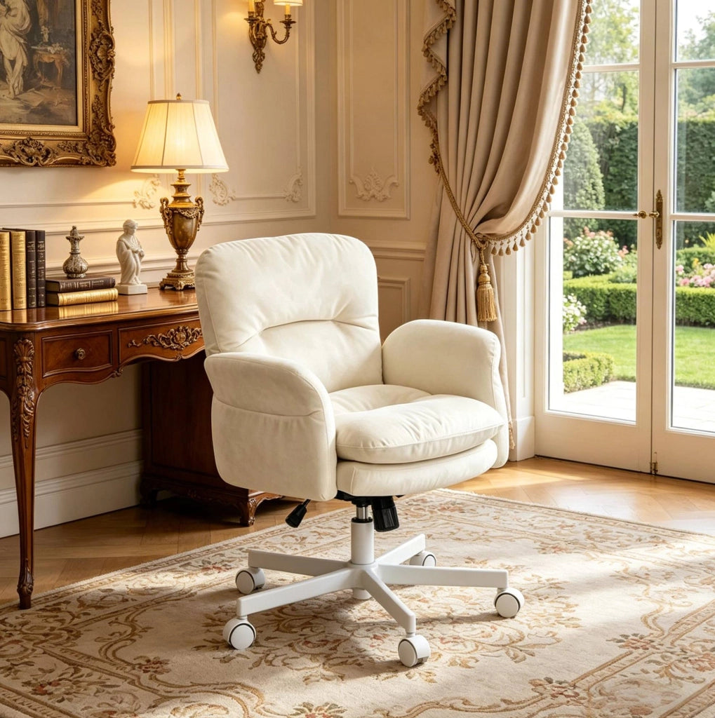 Sedia girevole beige in chenille, altezza regolabile