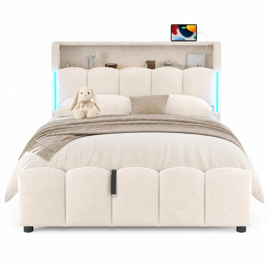 Letto imbottito 140 x 200 cm con contenitore idraulico; LED; USB e Type-C; velluto beige