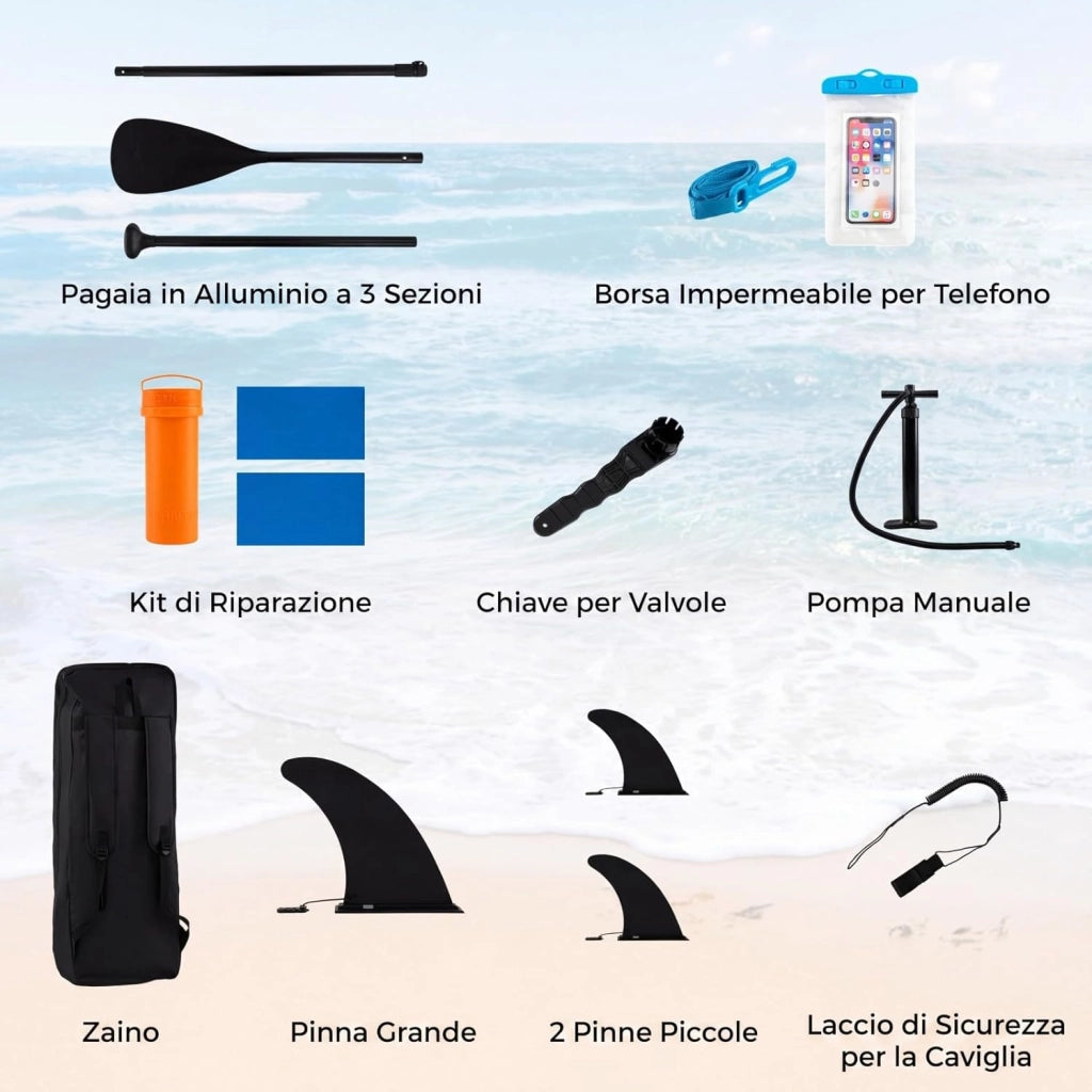SUP Stand up Paddle, Tavola SUP Gonfiabile con Pompa, Pagaia in Alluminio, Guinzaglio, Borsa e Kit di Riparazione, per Principianti ed Esperti, Portata 160 kg, 336 x 77 x 16 cm