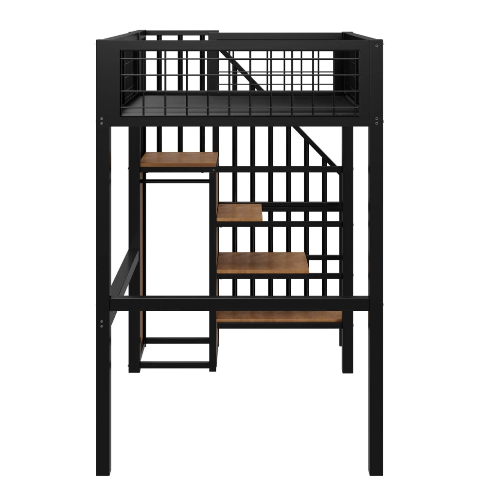 Letto a soppalco 90x200 cm con scala di sicurezza e armadio in metallo nero
