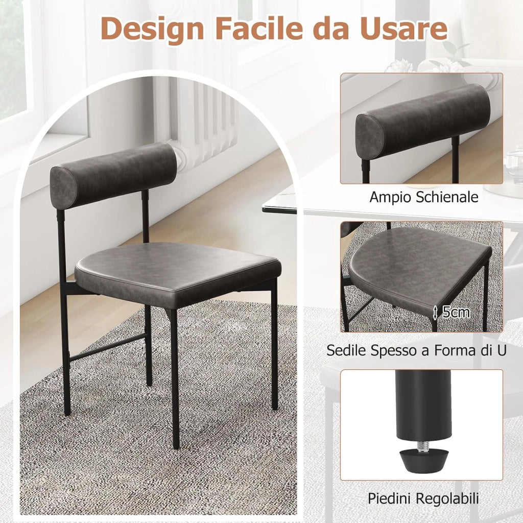 Set di 2 Sedie per Sala Pranzo con Schienale e Seduta Imbottita in Ecopelle, Sedia per Cucina con Gambe in Metallo, Sedia Moderna Comfortevole per Soggiorno, Capacità di 180 kg, Grigio