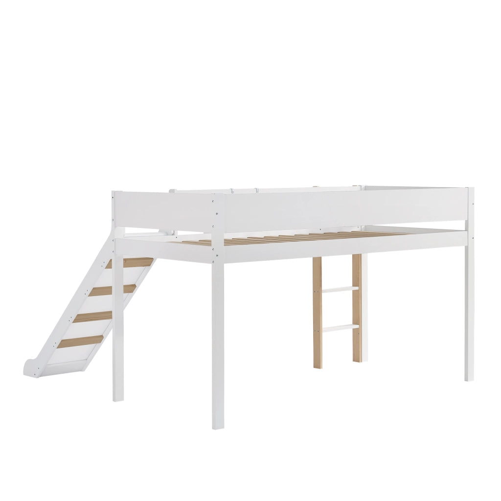 Letto a castello con scivolo - Xylo - Pino+MDF, bianco+naturale