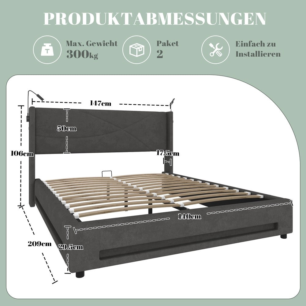 Letto Contenitore Matrimoniale con LED e Doghe ¨C Xylo ¨C Idraulico 140x200