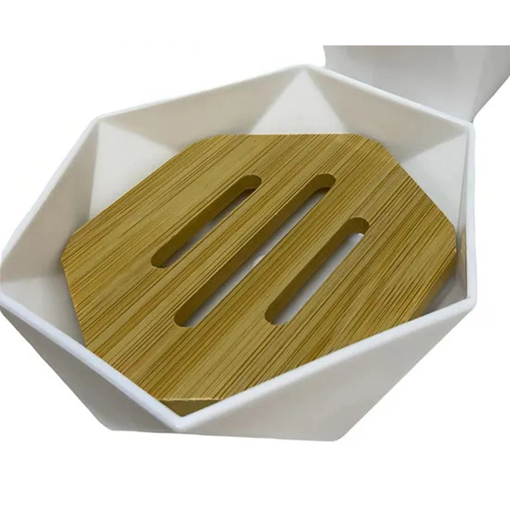 Trade Shop - Piattino Porta Sapone Saponetta Forma Esagonale Geometrico Bianco Legno Da Bagno 10838 -