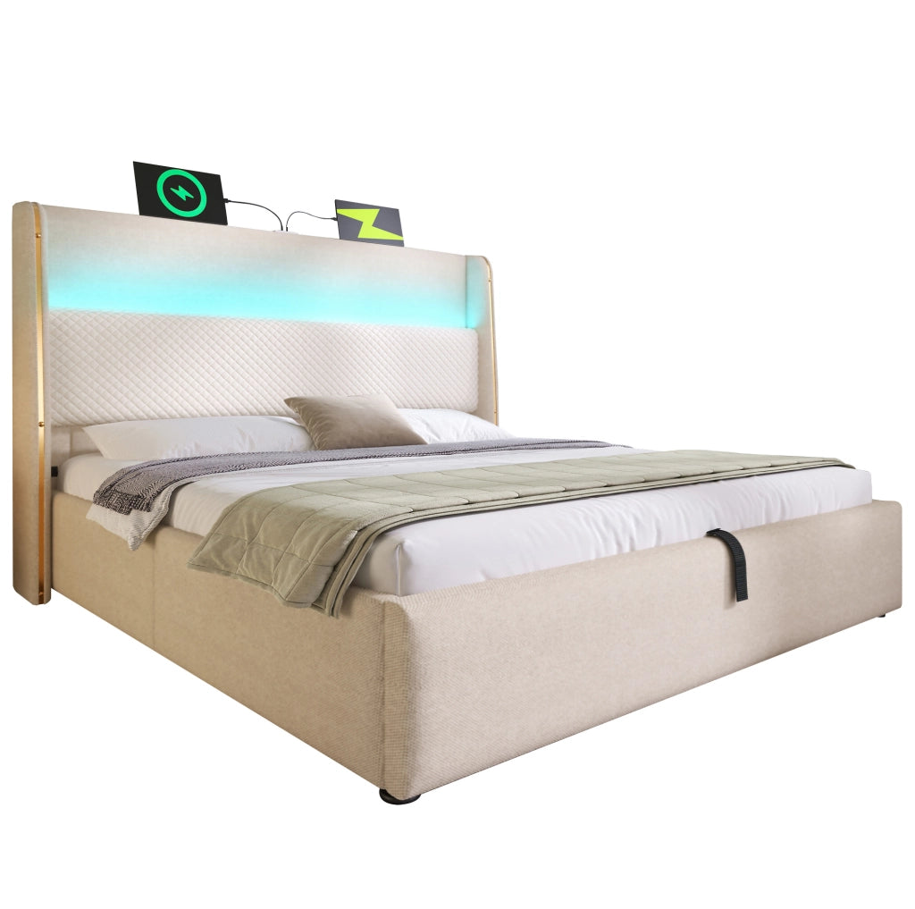 Letto matrimoniale con contenitore 180x200 cm in lino beige; testiera alta; LED e USB/Type-C