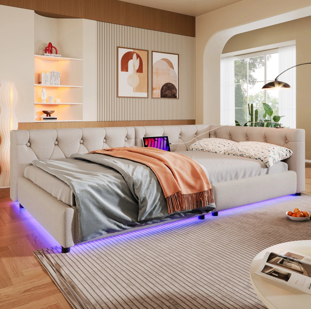 LETTO da giorno 90x200 cm in lino beige con USB, Type-C e LED