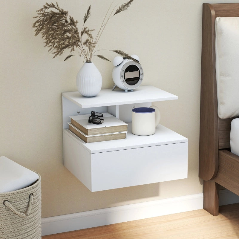Comodino sospeso con 1 cassetto e 1 vano aperto per camera da letto, in legno, bianco, 39,8 × 35 × 31,6 cm