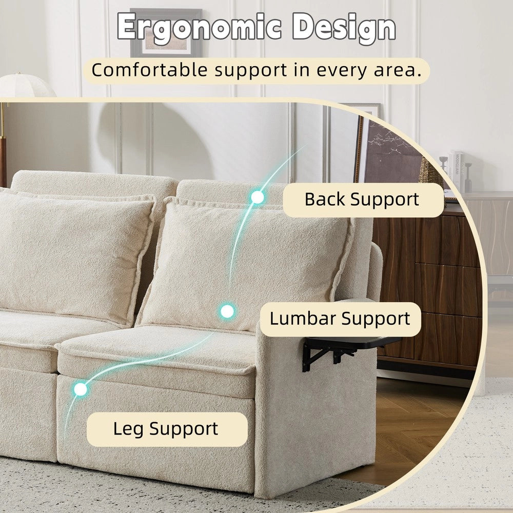 Divano Letto con Contenitore ¨C MINIMAL ¨C Chenille, Beige, Schienale Regolabile 5 Posizioni, USB