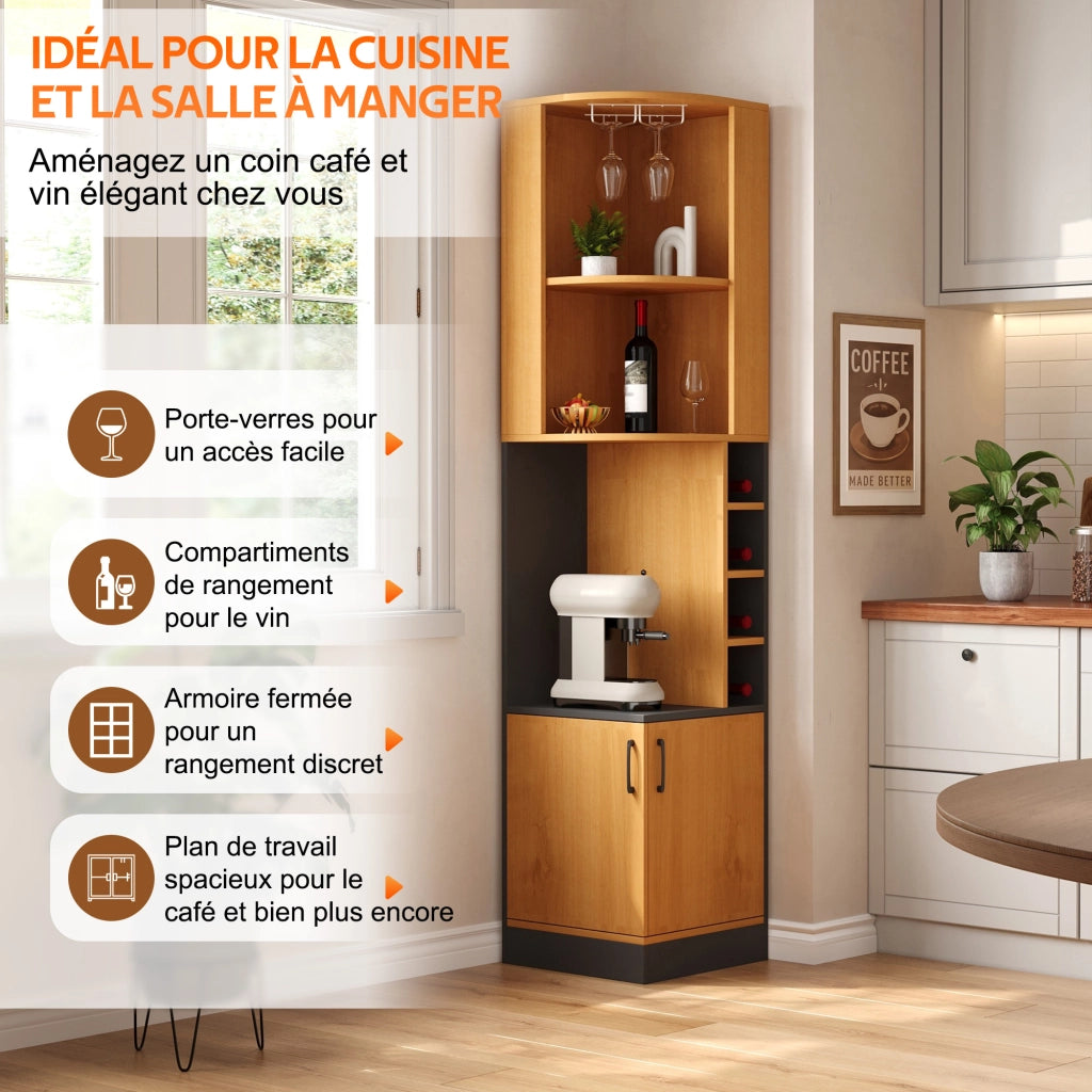 Mobile bar ad angolo con portabicchieri e 4 vani portabottiglie; ripiani aperti e armadietto; MDF naturale; 40 × 40 × 182 cm