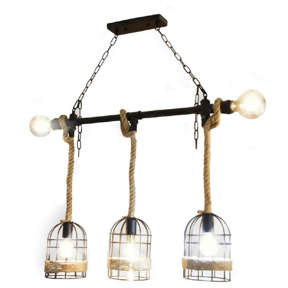 Trade Shop - Lampadario A Sospensione Stile Industriale In Metallo Corda Canapa Retrò B60-5 -