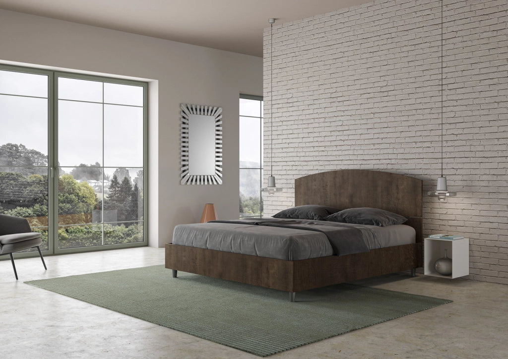 Letto Matrimoniale 160x200 cm con Rete e Contenitore Alzata Comoda Testata Inclinata a Doghe Dora Noce