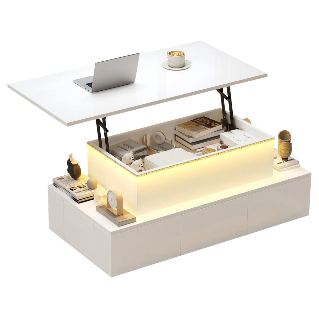 Tavolino da salotto elevabile 100x50x40 cm in MDF bianco lucido con LED e 4 cassetti