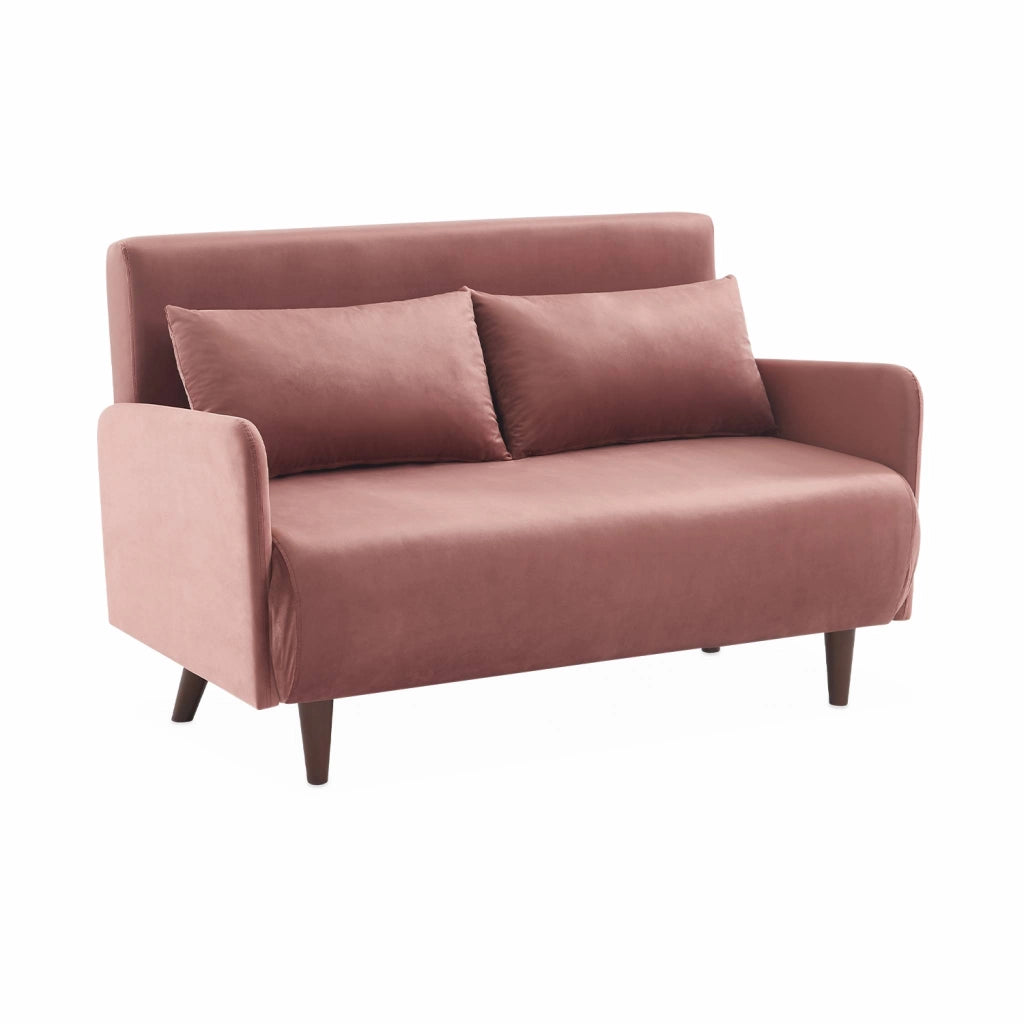 Divano letto in velluto con gambe in legno, 2 posti, rosa antico