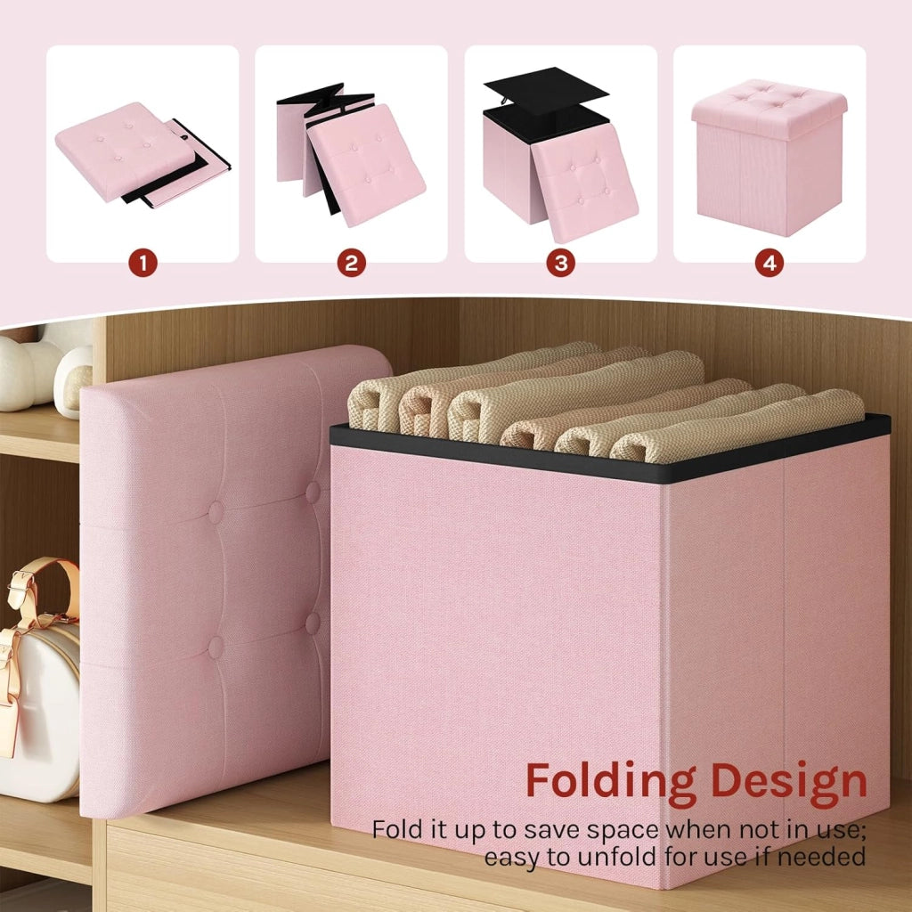 Set di 2 Panchetta con Contenitore, Pouf con Cassapanca, Scatola di Ripiano con Coperchio, Pieghevole, 43L, 37,5x38 x37,5cm, Resistenza fino a 300 kg, Tessuto Lino MDF, Rosa