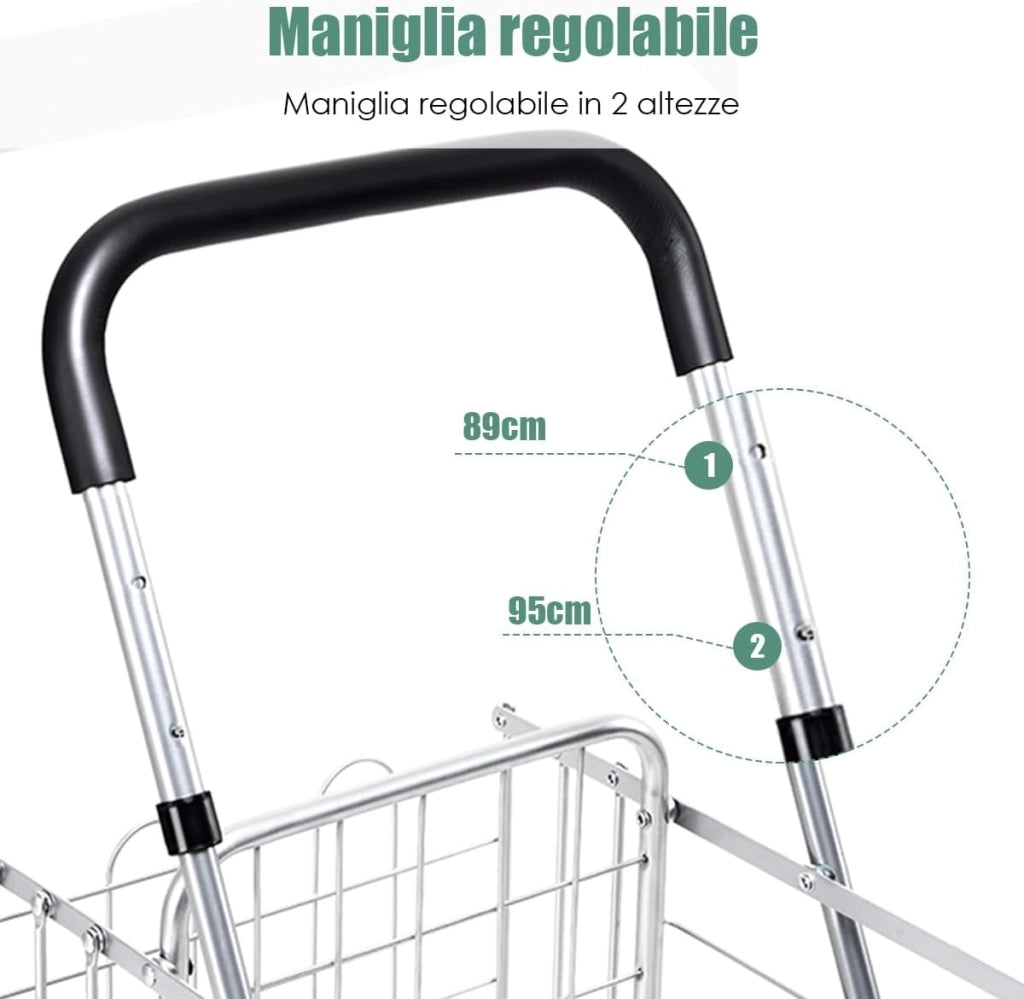 Carrello Portaspesa Pieghevole, Carrello Spesa con Ruote Girevoli a 360 °, Manico Regolabile, 2 Cesti, Capacità di Carico: 20 kg, 58L, 43 x 52 x 89-95 cm (Argento)