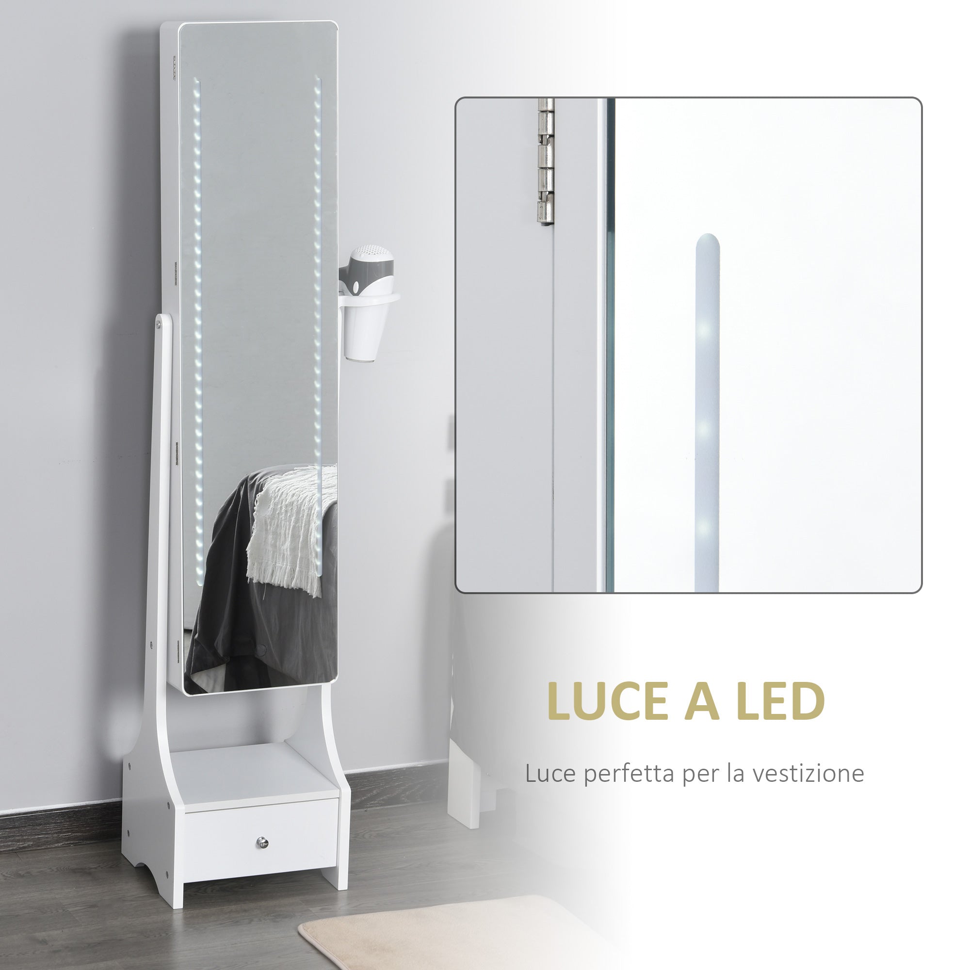 Armadio Portagioie a Specchio con Luci LED 37x30x158 cm in MDF  Bianco