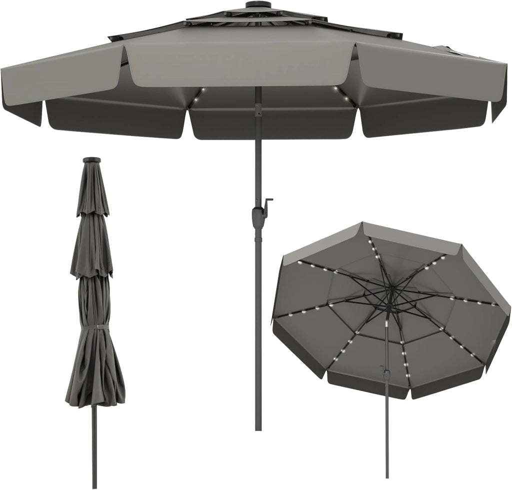 Ombrellone da Giardino 300 cm, con Regolazione Inclinazione, Manovella e 8 Stecche, Anti-UV, Tettuccio Ventilato a 3 Livelli (Grigio, 0 Luce)