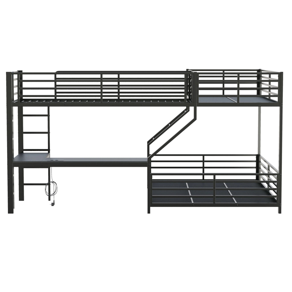 Letto a castello triplo in metallo nero con scrivania e prese USB