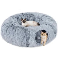 Tunnel per Gatti, in Peluche, con Cuscino, Pieghevole, Telaio in Metallo, Grigio Chiaro