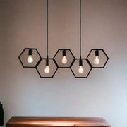 LAMPADARIO A SOSPENSIONE MODERNO IN FERRO NERO CON 5 ESAGONI E ATTACCHI PER LAMPADINE E27