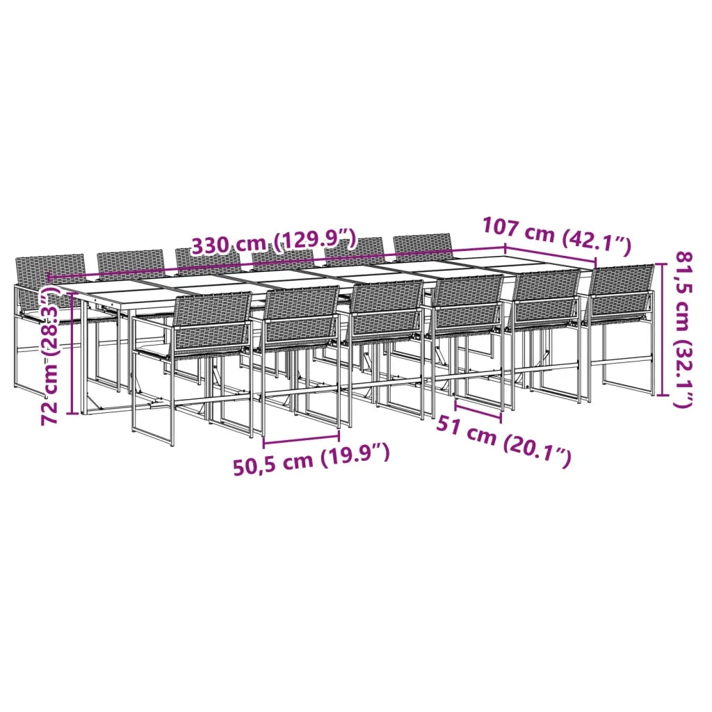 Set da Pranzo da Giardino 13pz con Cuscini Nero in Polyrattan