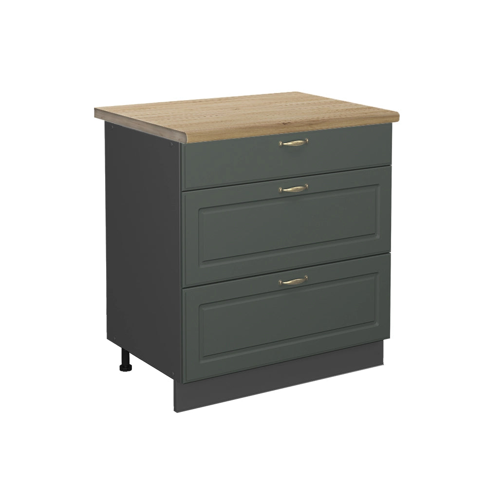 Mobiletto base per cucina Fame-Line Verde-oro rustico/Antracite 80 cm con 3 cassetti, PL Rovere Vicco